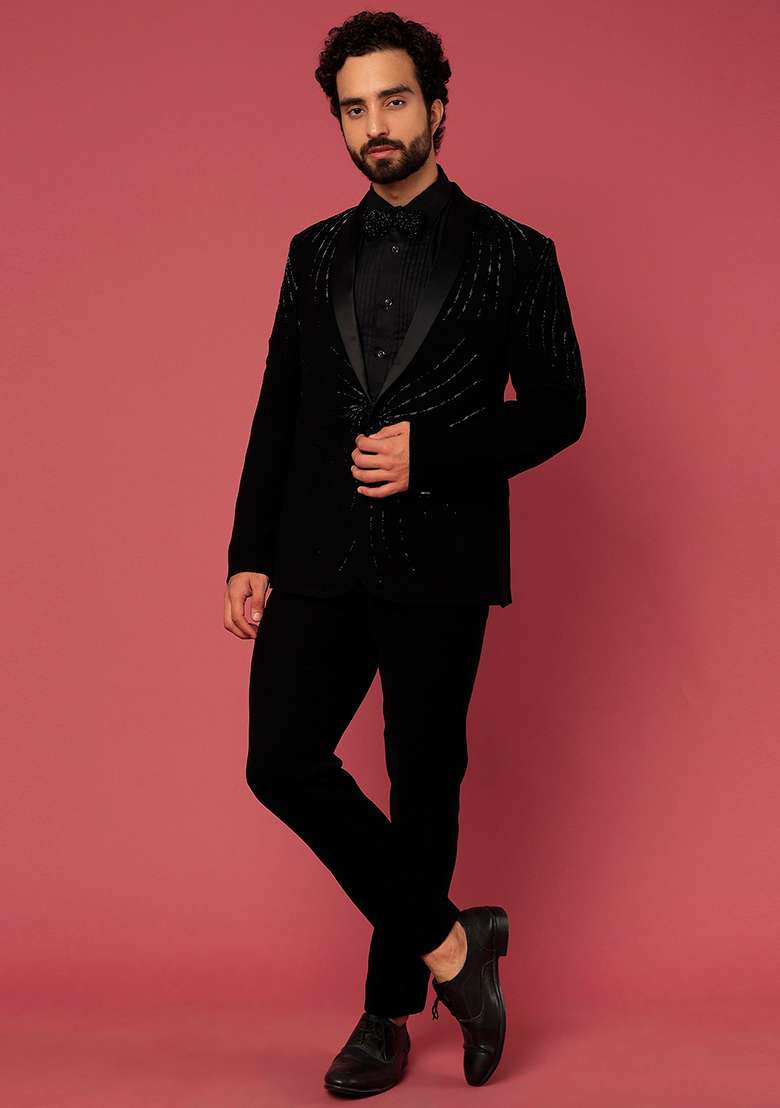 Black Satin Shawl Tuxedo For Men - Indya