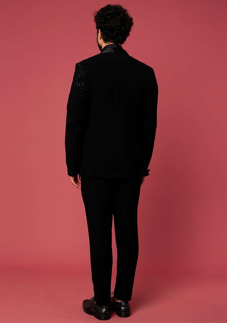 Black Satin Shawl Tuxedo For Men - Indya