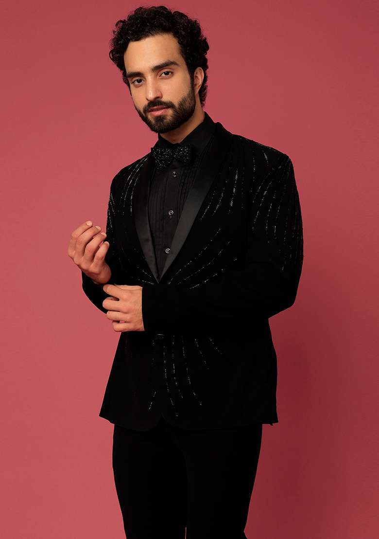 Black Satin Shawl Tuxedo For Men - Indya