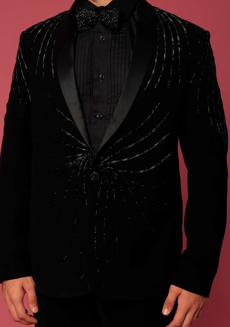 Black Satin Shawl Tuxedo For Men - Indya