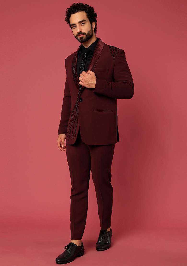 Wine Satin Tuxedo For Men - Indya