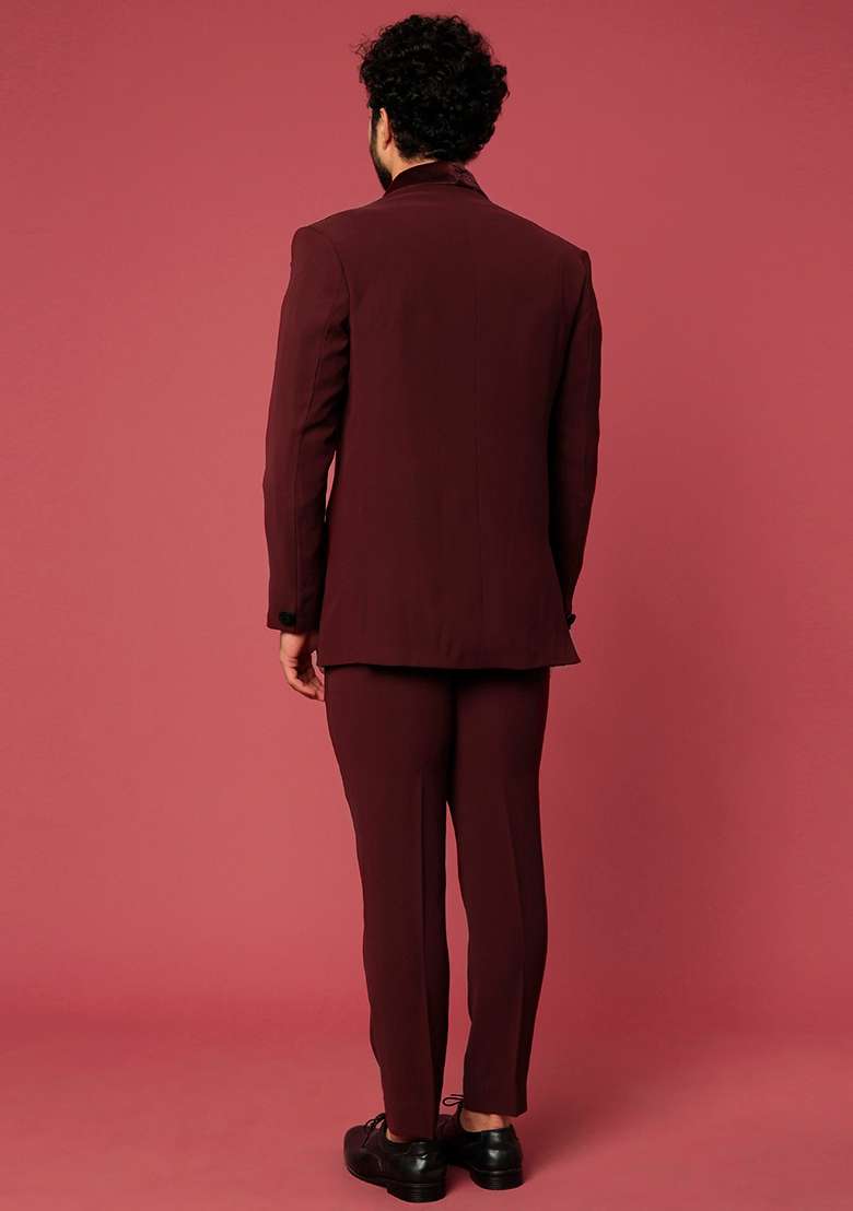 Wine Satin Tuxedo For Men - Indya
