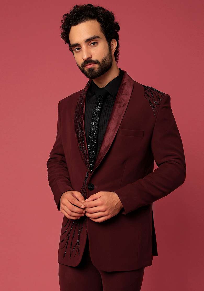 Wine Satin Tuxedo For Men - Indya