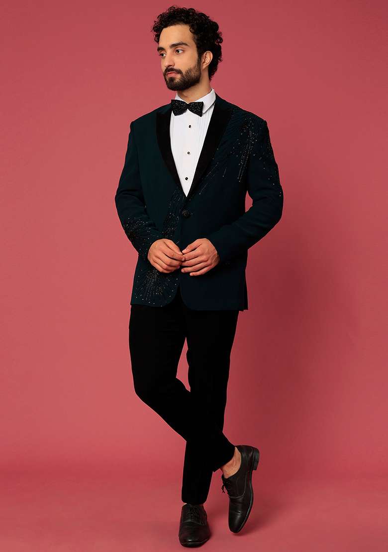 Bottle Green Satin Tuxedo For Men - Indya
