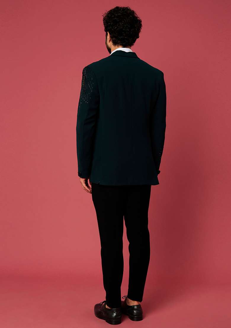 Bottle Green Satin Tuxedo For Men - Indya