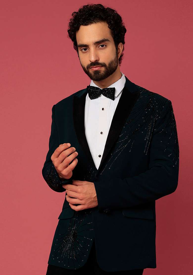 Bottle Green Satin Tuxedo For Men - Indya