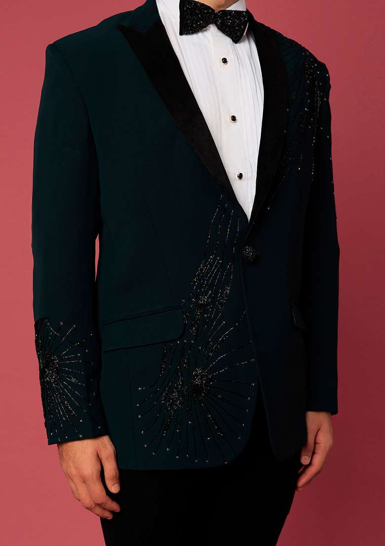 Bottle Green Satin Tuxedo For Men - Indya