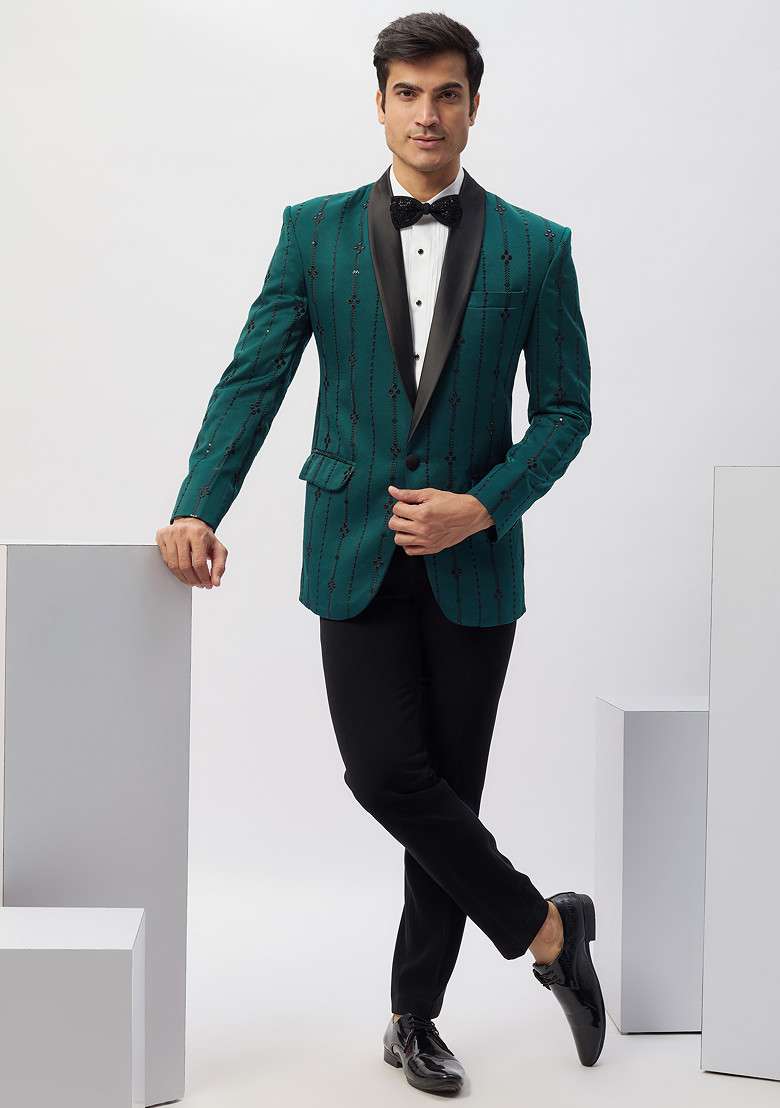 Green Machine Embroidered Rayon Tuxedo For Men - Indya