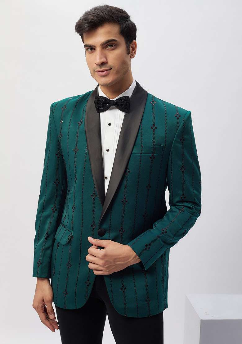 Green Machine Embroidered Rayon Tuxedo For Men - Indya