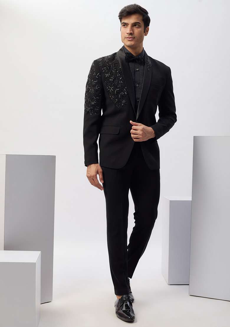 Black Hand Embroidered Rayon Tuxedo For Men - Indya