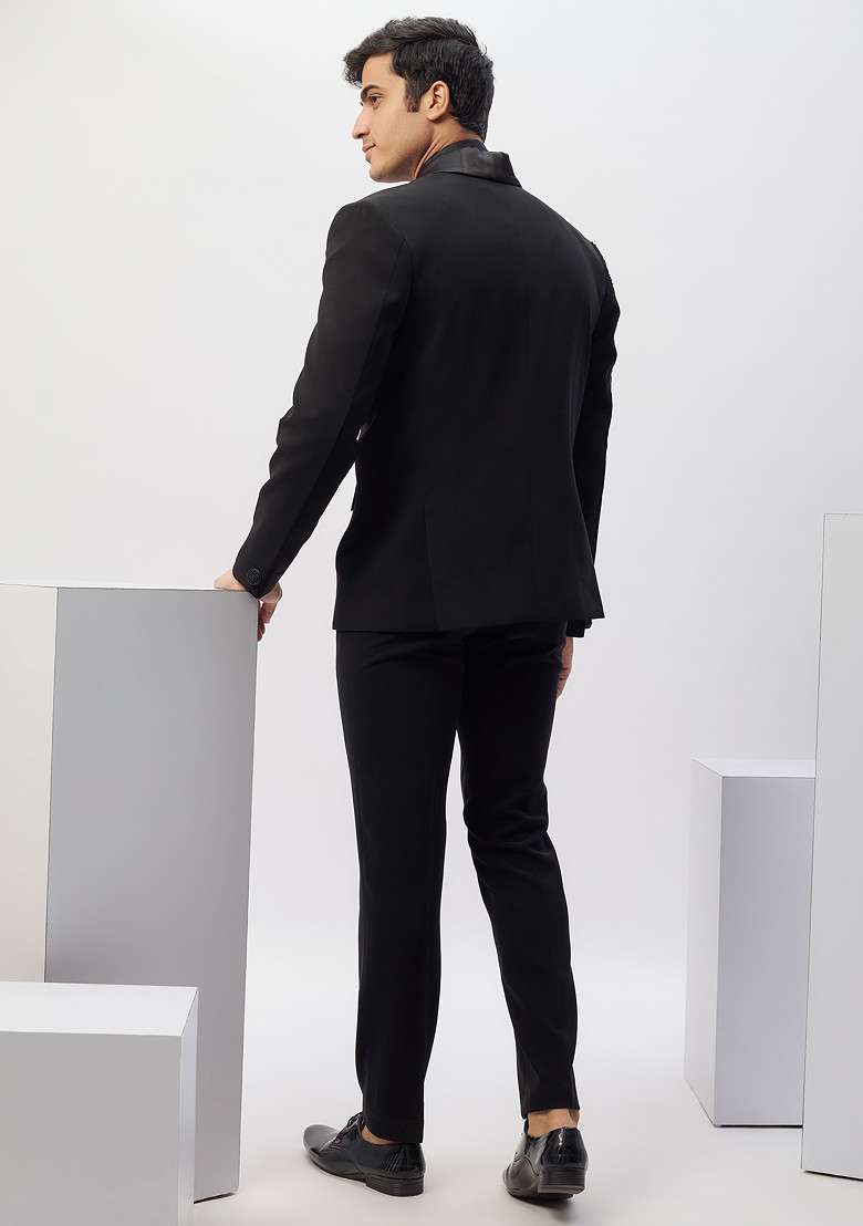 Black Hand Embroidered Rayon Tuxedo For Men - Indya