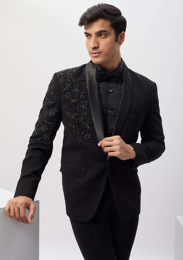 Black Hand Embroidered Rayon Tuxedo For Men - Indya