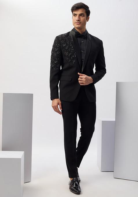 Black Hand Embroidered Rayon Tuxedo For Men