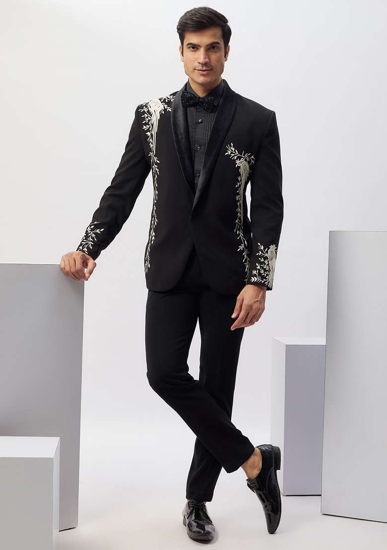 Black Classic Hand Embroidered Rayon Tuxedo For Men - Indya