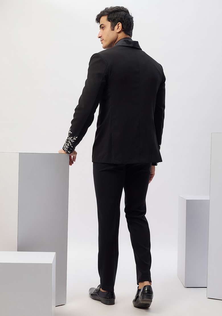 Black Classic Hand Embroidered Rayon Tuxedo For Men - Indya