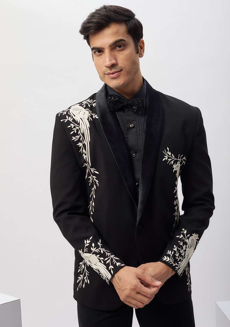 Black Classic Hand Embroidered Rayon Tuxedo For Men - Indya