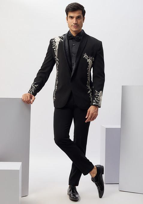 Black Classic Hand Embroidered Rayon Tuxedo For Men