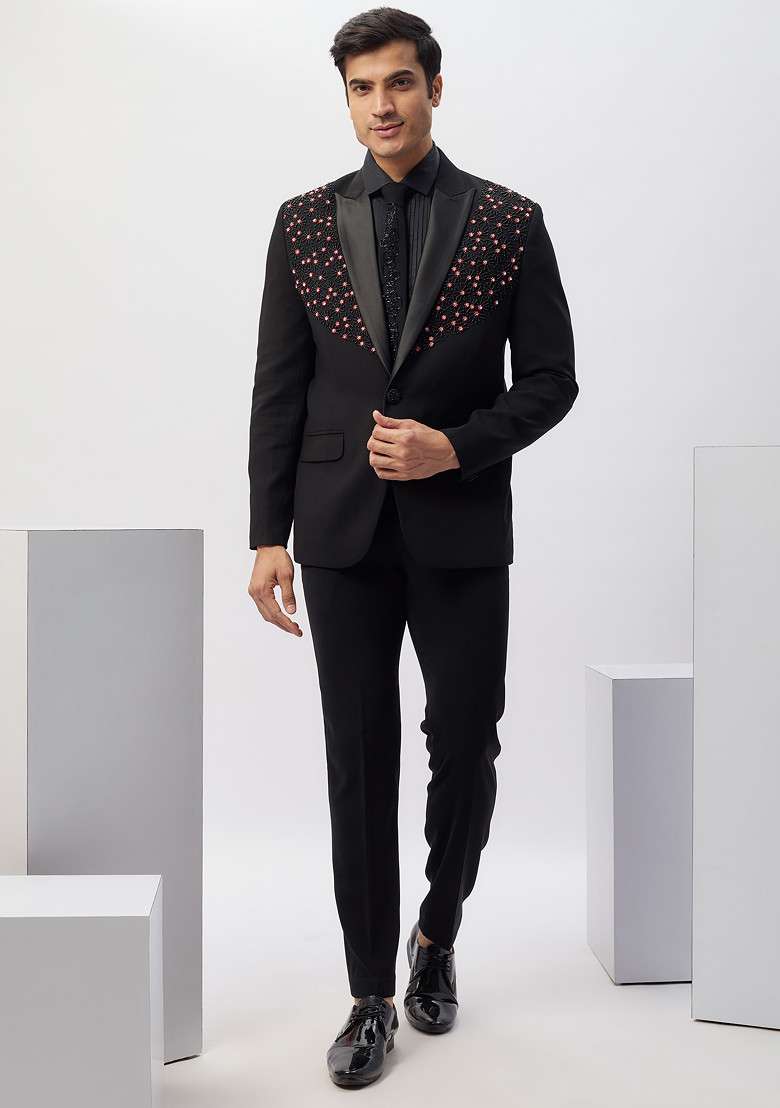 Black Timeless Hand Embroidered Rayon Tuxedo For Men - Indya