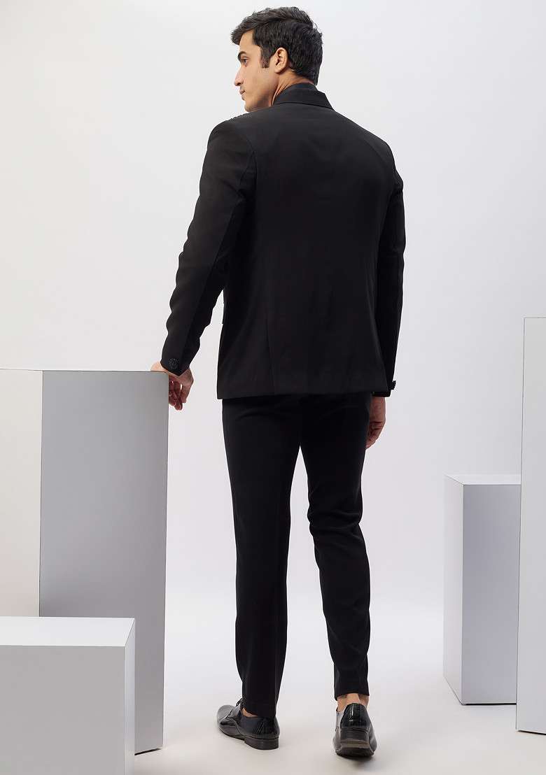 Black Timeless Hand Embroidered Rayon Tuxedo For Men - Indya
