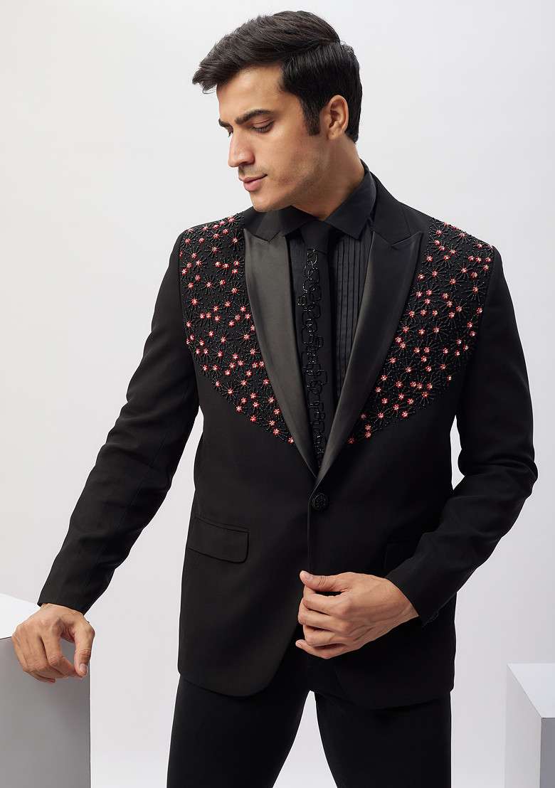 Black Timeless Hand Embroidered Rayon Tuxedo For Men - Indya