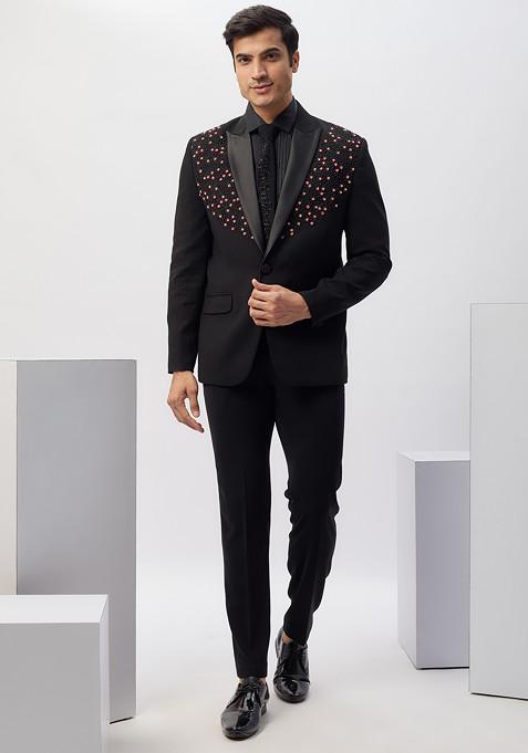 Black Timeless Hand Embroidered Rayon Tuxedo For Men