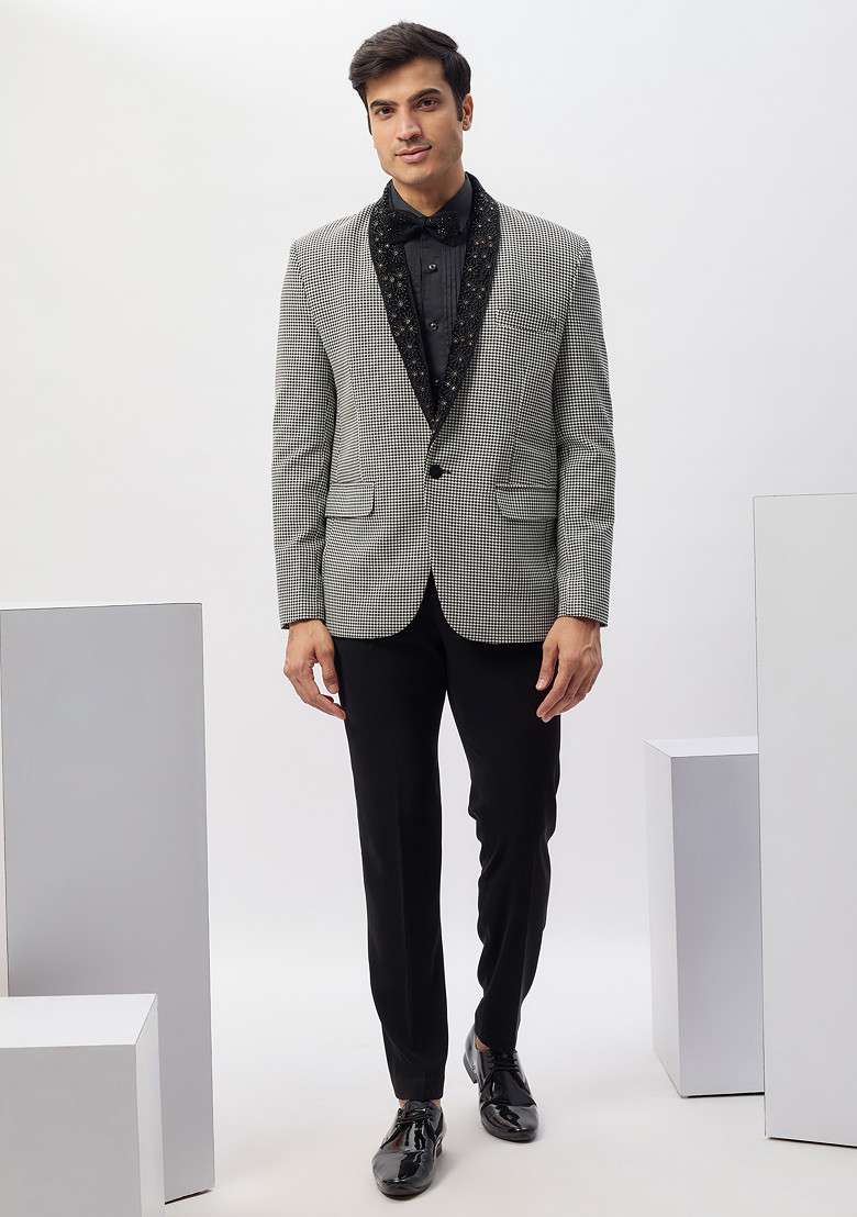 Black Standout Hand Embroidered Rayon Tuxedo For Men - Indya