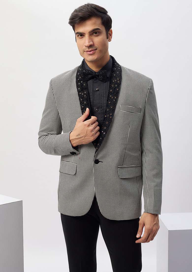 Black Standout Hand Embroidered Rayon Tuxedo For Men - Indya