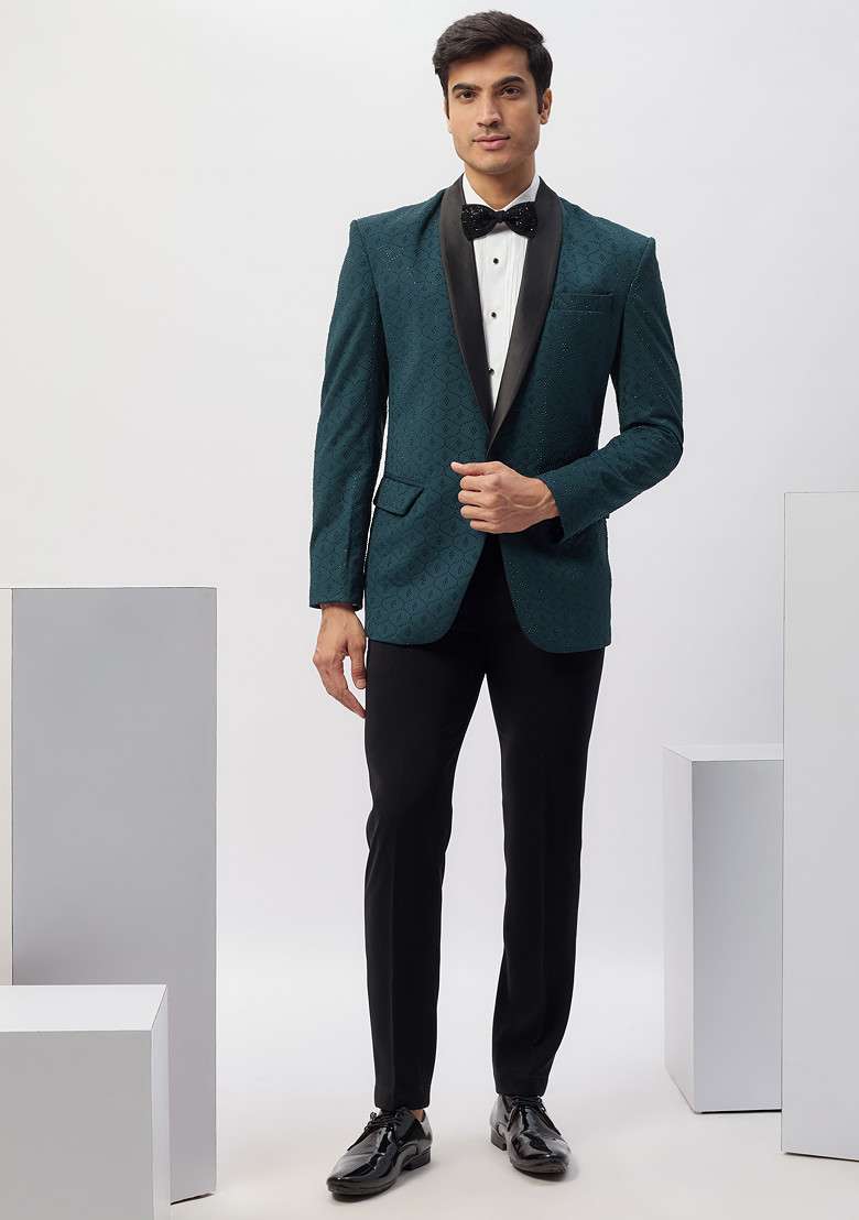 Blue Machine Embroidered Rayon Tuxedo For Men - Indya