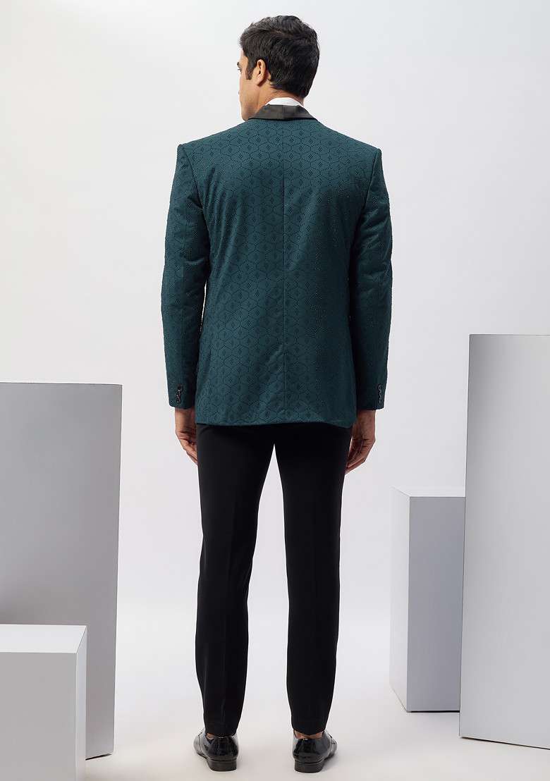 Blue Machine Embroidered Rayon Tuxedo For Men - Indya