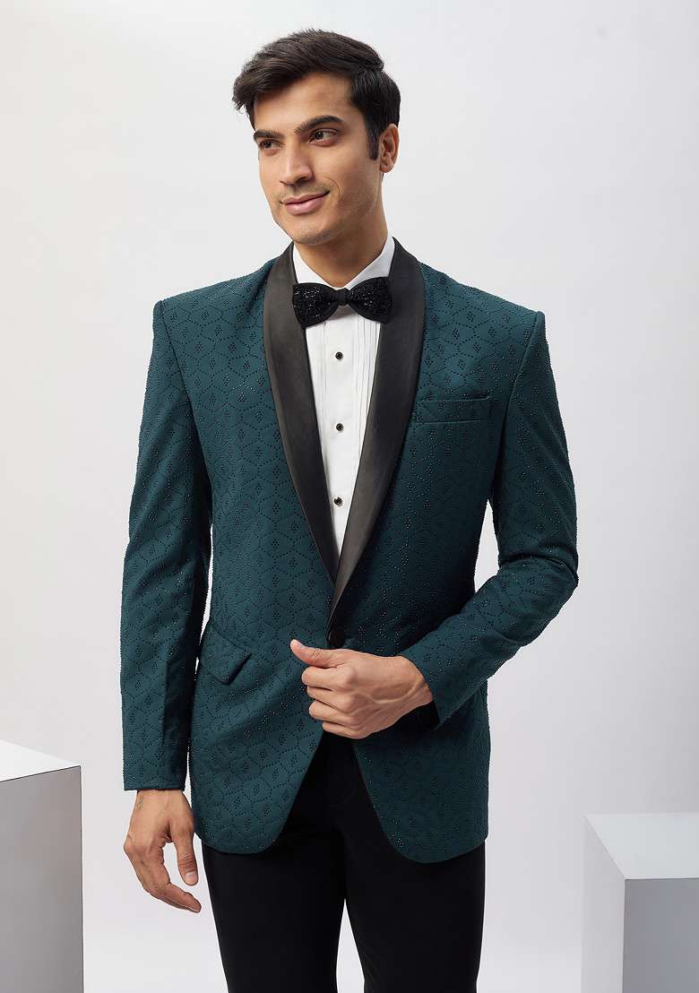Blue Machine Embroidered Rayon Tuxedo For Men - Indya