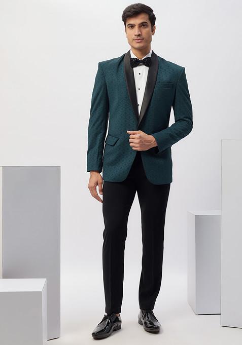 Blue Machine Embroidered Rayon Tuxedo For Men