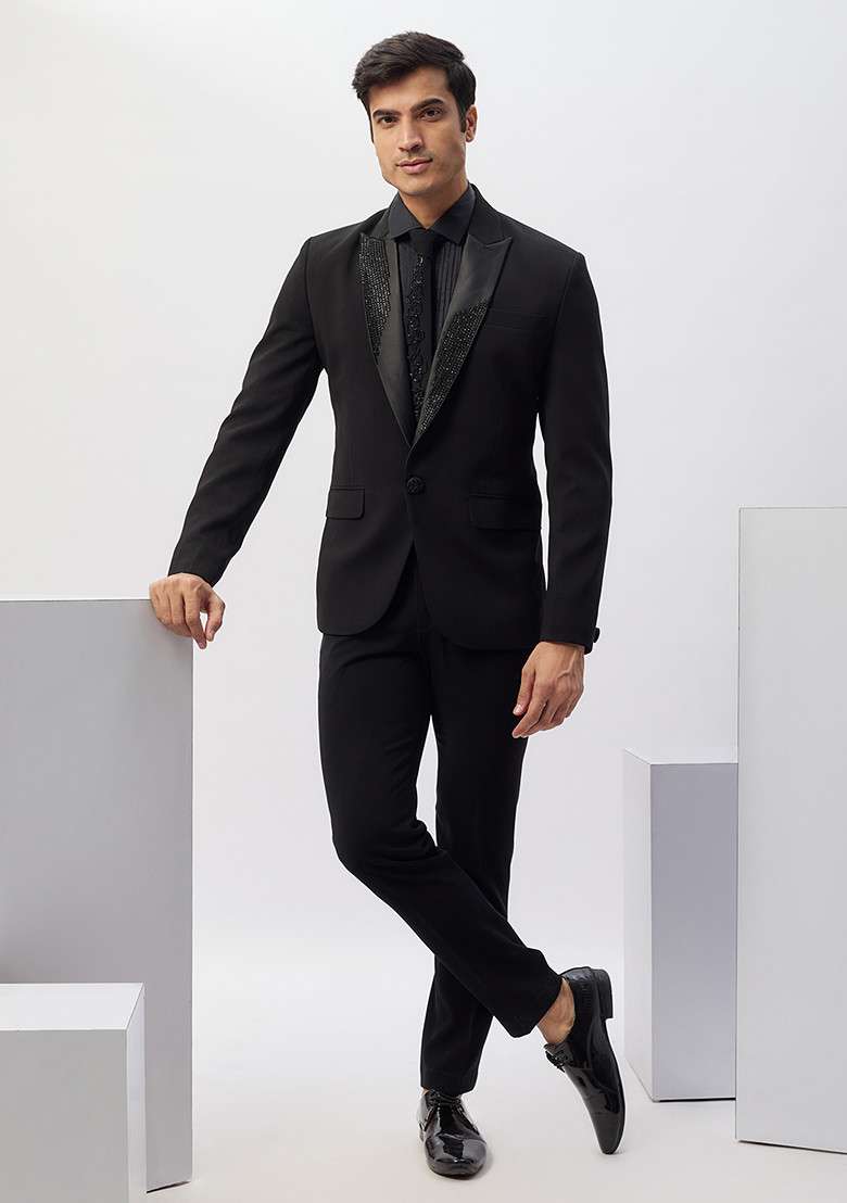Black Dapper Hand Embroidered Rayon Tuxedo For Men - Indya