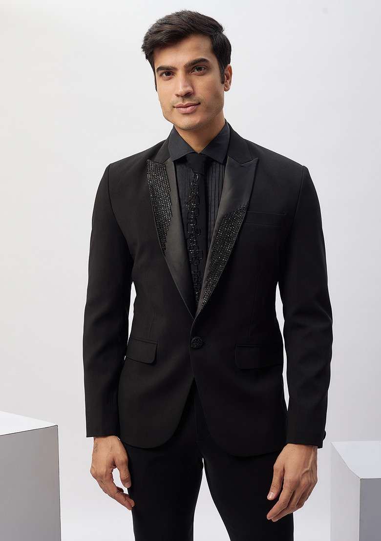 Black Dapper Hand Embroidered Rayon Tuxedo For Men - Indya