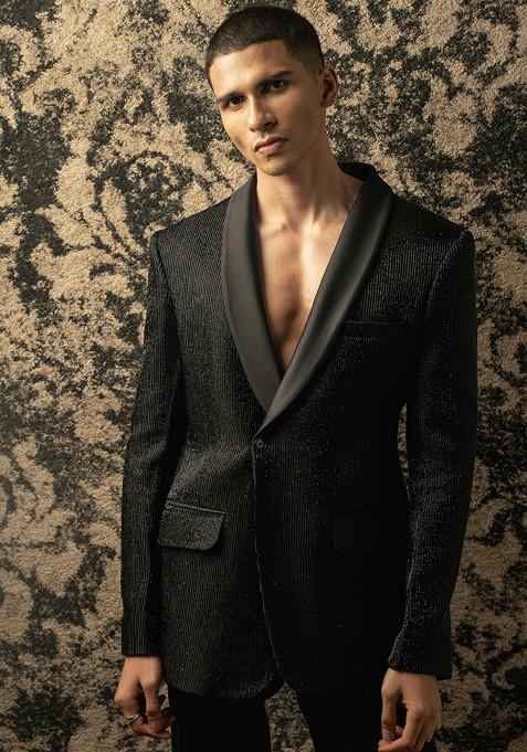 Black Embroidered Silk Suit For Men