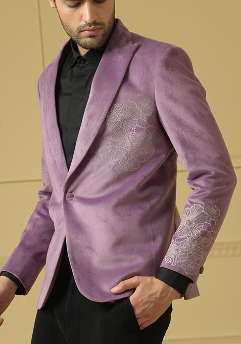 Purple Embroidered Style Savvy Blazer Set For Men