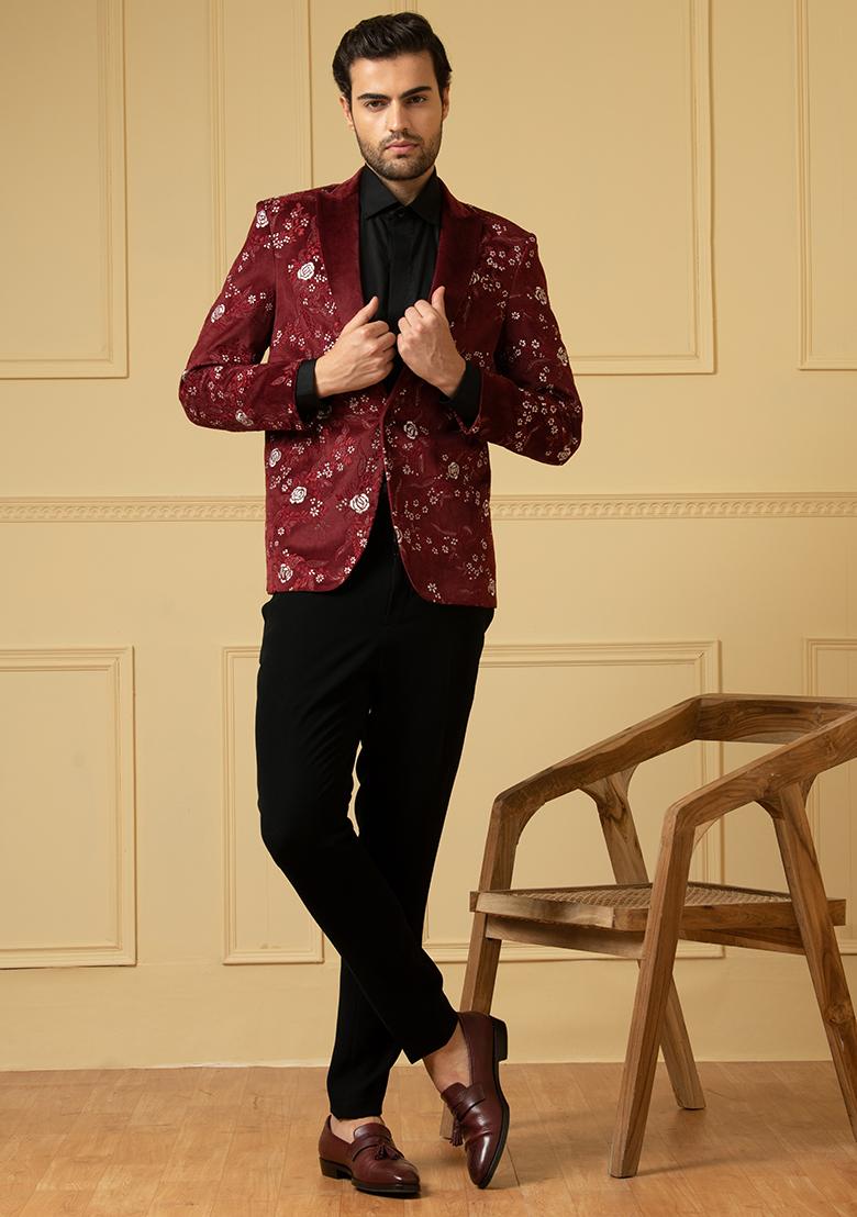 Maroon Embroidered Velvet Blazer Set For Men