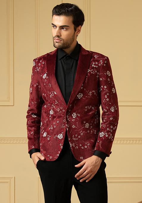 Maroon Embroidered Velvet Blazer Set For Men
