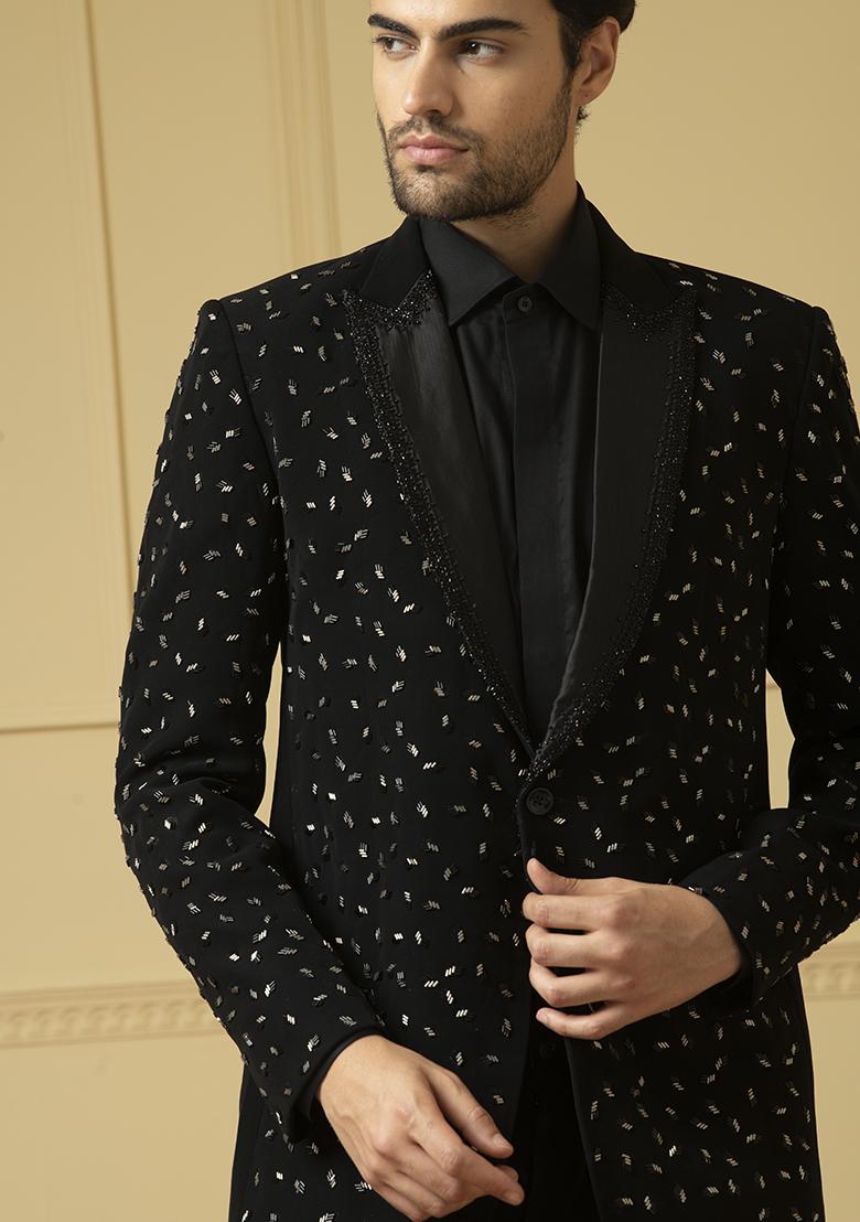 Black Bead Embroidered Blazer Set For Men