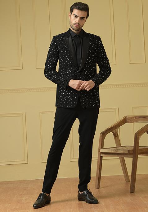 Black Bead Embroidered Blazer Set For Men