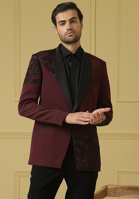 Maroon Bead Embroidered Blazer Set For Men