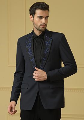 Blue Embroidered Blazer Set For Men