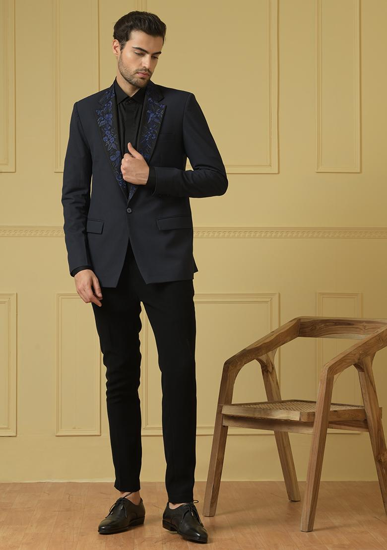 Blue Embroidered Blazer Set For Men