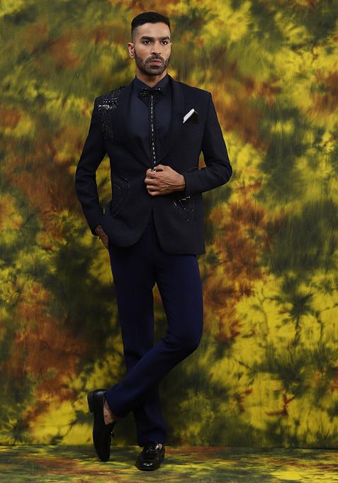 Navy Blue Embroidered Tuxedo For Men