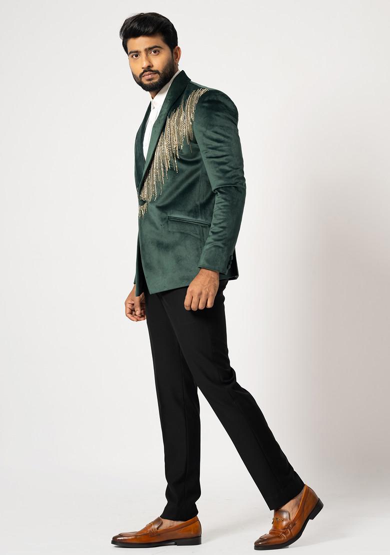 Green Embroidered Velvet Blazer Set For Men