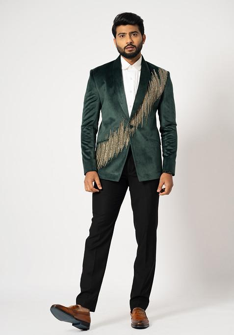 Green Embroidered Velvet Blazer Set For Men