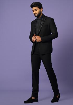 Black Embroidered Premium Suiting Fabric Blazer Set For Men