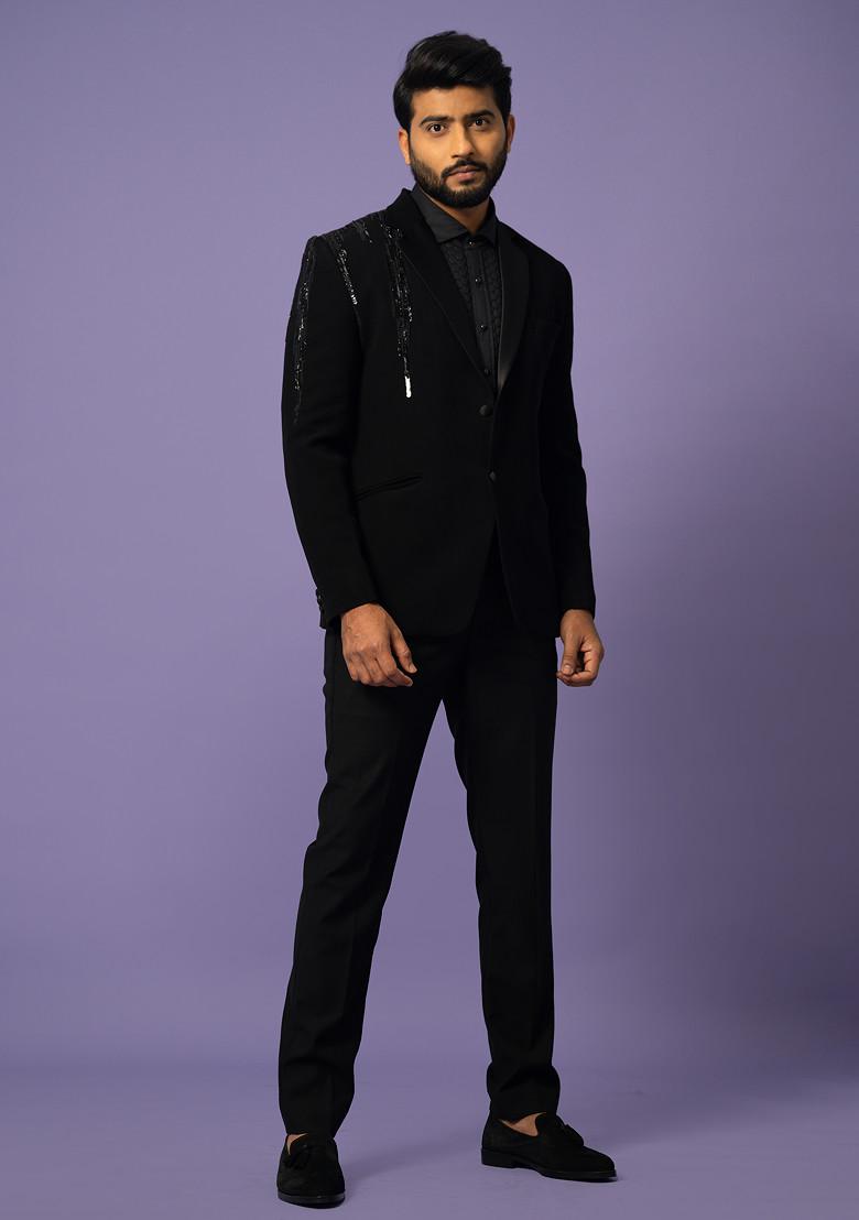 Black Embroidered Stretchable Fabric Blazer Set For Men