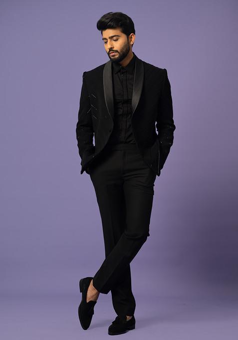 Black Solid Blazer Set For Men