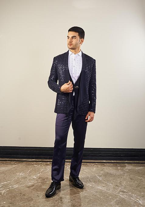 Violet And Navy Blue Embellished Italian Cationic Tuxedo For Men