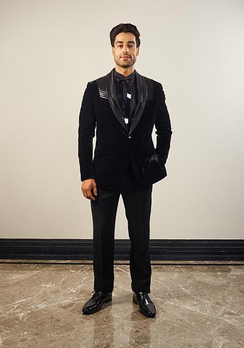 Black Embroidered Silk Velvet Tuxedo For Men